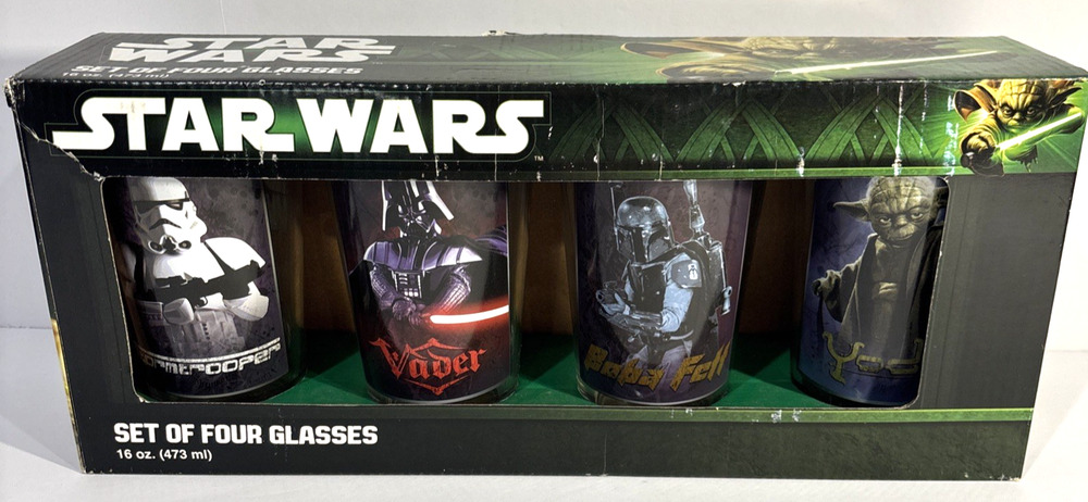 Star Wars 4 Piece Glassware Set Darth Vader Boba Fett Yoda Storm Trooper NIB